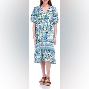 Figueroa & Flower Short Sleeve Floral‎ Midi Dress white blue size small